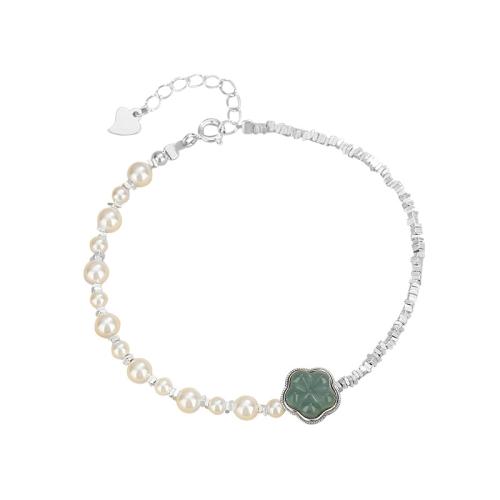 925 Sterling Silver Bracelet with Jadeite & Glass Pearl with 1.2inch extender chain Flower micro pave cubic zirconia & for woman silver color Length Approx 6.3 Inch Sold By PC