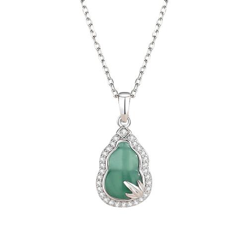 Argent sterling 925 collier, avec jade, avec 2inch chaînes de rallonge, calebasse, Plaqué de platine, chaîne ovale & pavé de micro zircon & pour femme, Longueur Environ 15.7 pouce, Vendu par PC