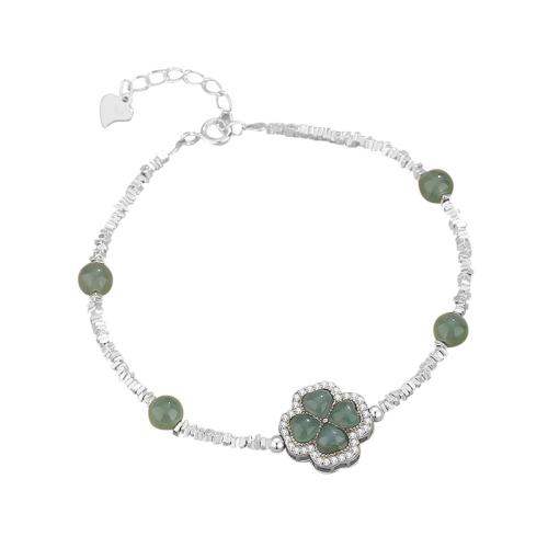 925 Sterling Silver Bracelet with Jadeite with 1.2inch extender chain Four Leaf Clover micro pave cubic zirconia & for woman silver color Length Approx 6.3 Inch Sold By PC