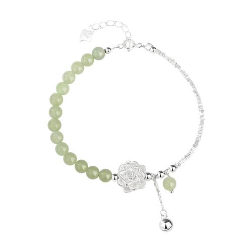 925 de prata esterlina pulseira, with Hetian Jade, with 1.2inch extender chain, Lotus, joias de moda & para mulher, prateado, comprimento Aprox 6.3 inchaltura, vendido por PC