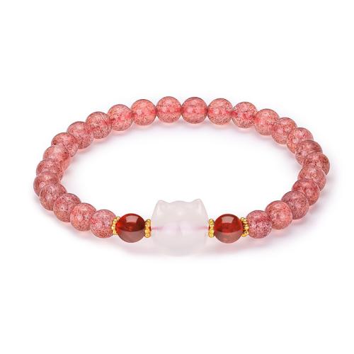 Strawberry Quartz Bracelet with White Chalcedony & Garnet & 925 Sterling Silver Cat handmade fashion jewelry & for woman Length Approx 6.7 Inch Sold By PC