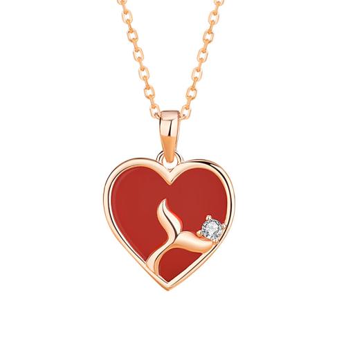 Argent sterling 925 collier, avec agate rouge, avec 2inch chaînes de rallonge, coeur, Plaqué de couleur d'or rose, chaîne ovale & pavé de micro zircon & pour femme, Longueur Environ 15.7 pouce, Vendu par PC