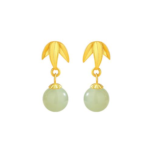 925 Sterling Silver Drop Earring with Hetian Jade Leaf gold color plated vintage & for woman Sold By Pair