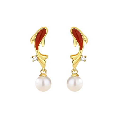 Argent sterling 925 Boucle d'oreille goutte, avec Shell Pearl & agate rouge, poisson, Placage de couleur d'or, pavé de micro zircon & pour femme, 6.80x26.50mm, Vendu par paire