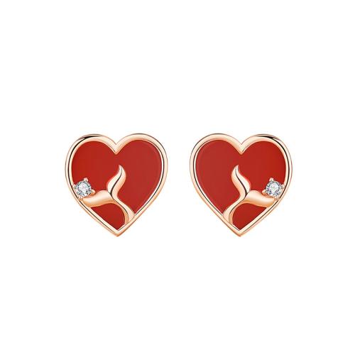 925 Sterling Sølv Stud Earring, med Red Agate, Heart, rosa guld farve forgyldt, Micro Pave cubic zirconia & for kvinde, 10.80x10.80mm, Solgt af par