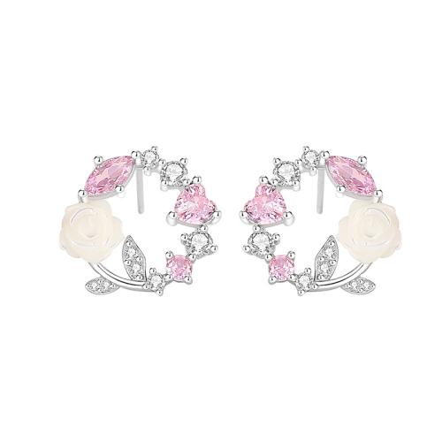 925 sterling silver Stud Earring, med White Shell, platinerade, micro bana cubic zirconia & för kvinna & ihålig, 15.40x14.30mm, Säljs av Par