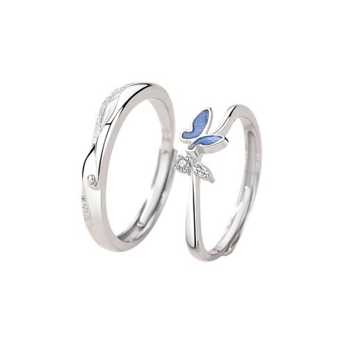 925 Sterling Sølv par Ring, Butterfly, platineret, justerbar & forskellige stilarter for valg & Micro Pave cubic zirconia & epoxy sticker & for par, Solgt af PC