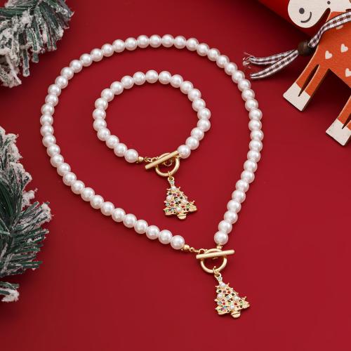 Zinc Alloy Jewelry Sets bracelet & necklace with Plastic Pearl 2 pieces & Christmas Design & fashion jewelry & for woman golden Length 40 cm 17 cm Sold By Set