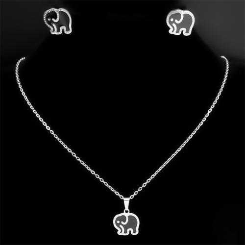 Enamel Stainless Steel Jewelry Set Stud Earring & necklace 304 Stainless Steel Elephant 2 pieces & Unisex silver color Length Approx 50 cm Sold By Set