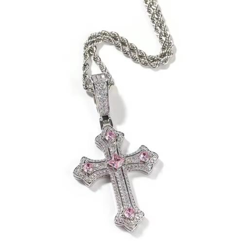 Cubic Zircon Micro Pave Brass Necklace Cross plated Unisex & micro pave cubic zirconia nickel lead & cadmium free Length 65 cm Sold By PC