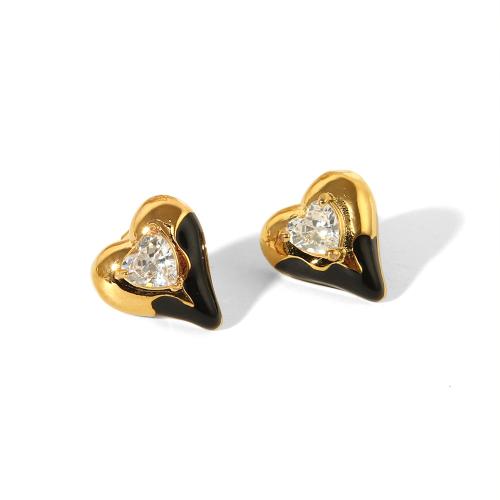 Titanium Steel  Earring Heart gold color plated fashion jewelry & micro pave cubic zirconia & enamel golden Sold By Pair