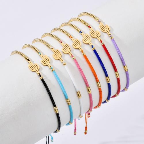 Glass Beads Bracelet Seedbead with Knot Cord & 304 Stainless Steel Vacuum Ion Plating Adjustable & for woman Length 14-28 cm Sold By PC