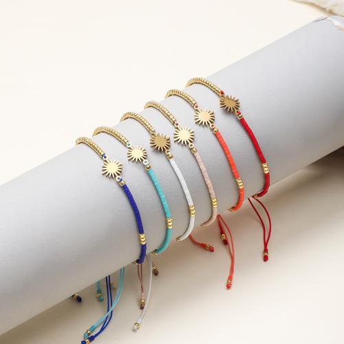 Glass Beads Bracelet Seedbead with Knot Cord & 304 Stainless Steel Vacuum Ion Plating Adjustable & for woman Length 14-28 cm Sold By PC