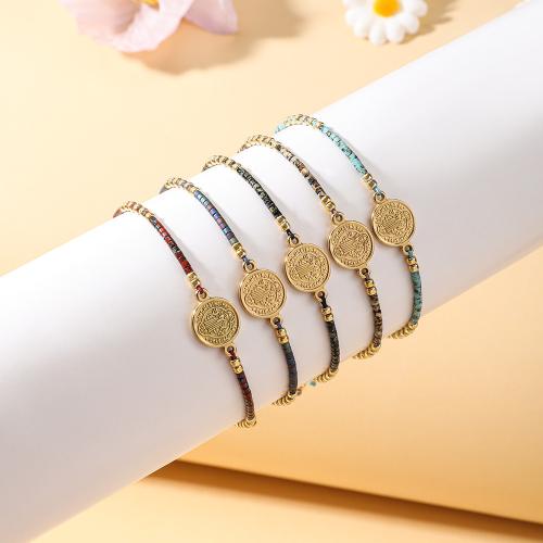 Glass Beads Bracelet 304 Stainless Steel with Knot Cord & Seedbead Vacuum Ion Plating Adjustable & for woman Length 14-28 cm Sold By PC