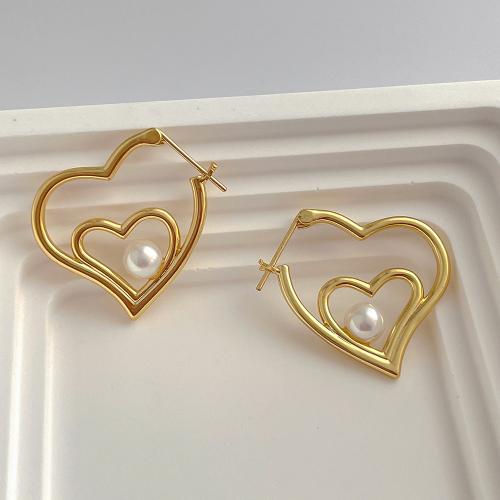 Brass Leverback Earring with Plastic Pearl Heart fashion jewelry & for woman & hollow golden 32mm Sold By Pair