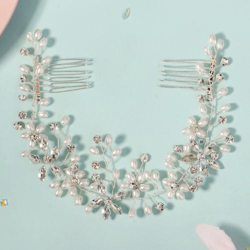 Decorative Hair Combs Zinc Alloy with Plastic Pearl silver color plated for bridal & with rhinestone nickel lead & cadmium free Sold By PC