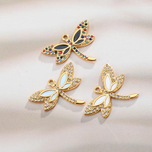 Stainless Steel Animal Pendants 304 Stainless Steel with Shell Dragonfly gold color plated DIY & enamel & with rhinestone nickel lead & cadmium free Sold By PC