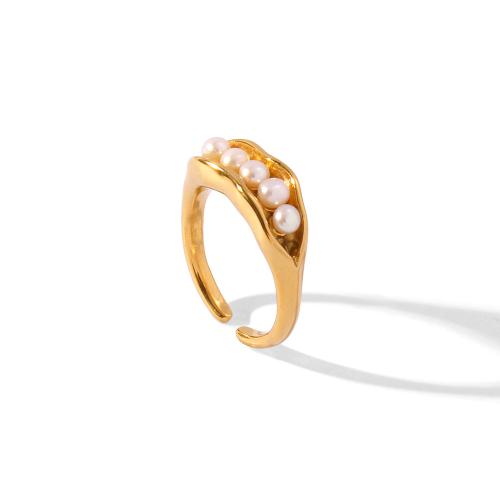 Stainless Steel Finger Ring 304 Stainless Steel with Plastic Pearl gold color plated fashion jewelry golden Sold By PC