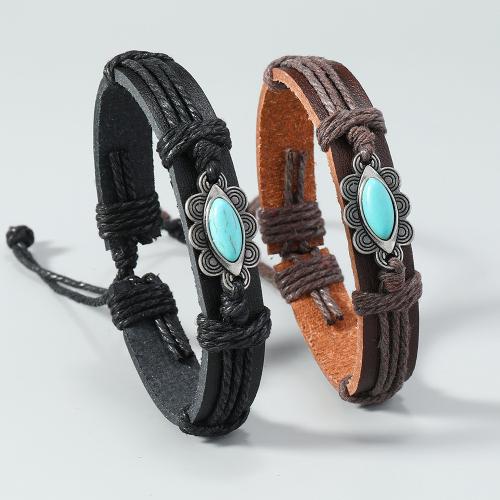 PU Leather Cord Bracelets Zinc Alloy with turquoise & Linen & PU Leather plated Unisex nickel lead & cadmium free Sold By PC