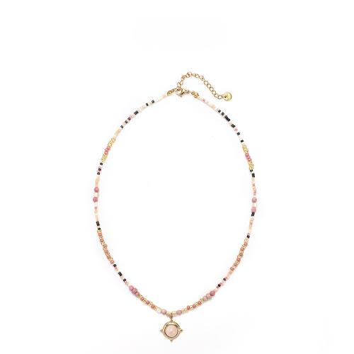 Seed verre collier de perles, Seedbead, avec agate rose & laiton, Placage de couleur d'or, pour femme, couleurs mélangées, protéger l'environnement, sans nickel, plomb et cadmium, Longueur 60 cm, Vendu par PC