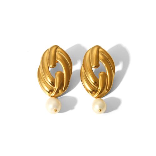 Roestvrij staal Stud Earrings, 304 roestvrij staal, met Zoetwater Parel, mode sieraden & voor vrouw, gouden, 55x22mm, Verkocht door pair