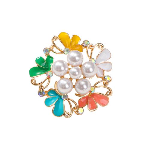 Zinc Alloy Brocher, med Plastic Pearl, for kvinde & emalje & med rhinestone, 41x40mm, Solgt af PC