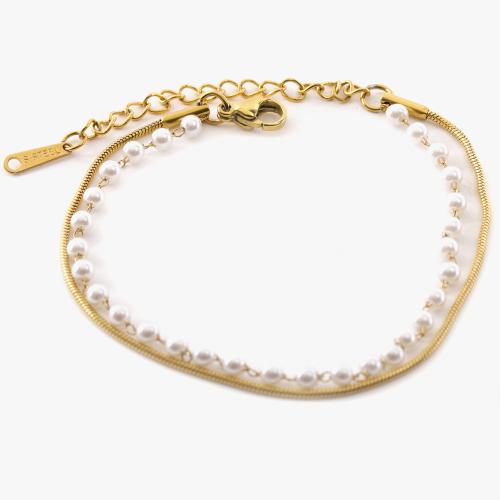 Bijoux bracelet en acier inoxydable, Acier inoxydable 304, avec perle de plastique, Double couche & bijoux de mode & pour femme, doré, Longueur Environ 17 cm, Vendu par PC