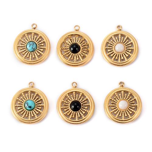 Stainless Steel Pendants 304 Stainless Steel with Natural Stone Round gold color plated DIY Sold By Bag