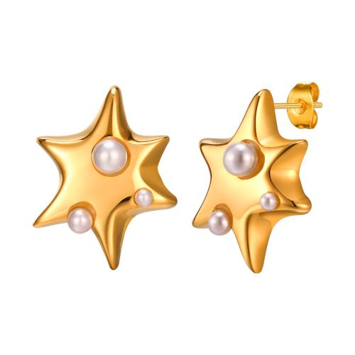 Roestvrij staal Stud Earrings, 304 roestvrij staal, met Plastic Pearl, Hexagram, gold plated, mode sieraden & voor vrouw, Verkocht door pair