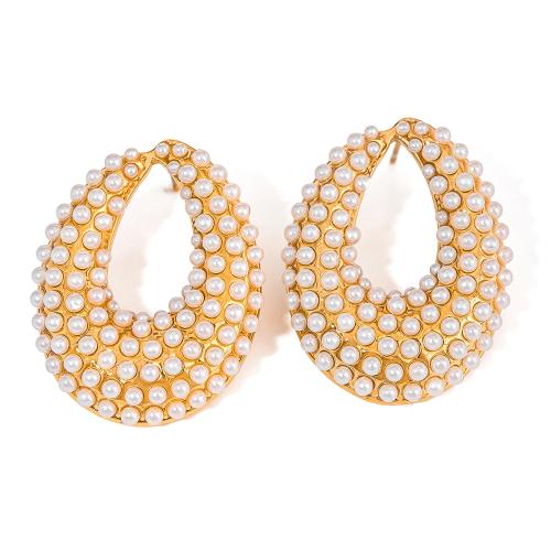 Stainless Steel Stud Earrings 304 Stainless Steel with Plastic Pearl gold color plated fashion jewelry & for woman & hollow Sold By Pair