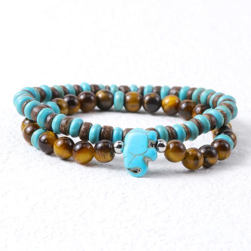 Gemstone Bracelets 304 Stainless Steel with turquoise & Coconut & Tiger Eye polished 2 pieces & fashion jewelry & for man multi-colored Length Approx 19 cm Sold By Set