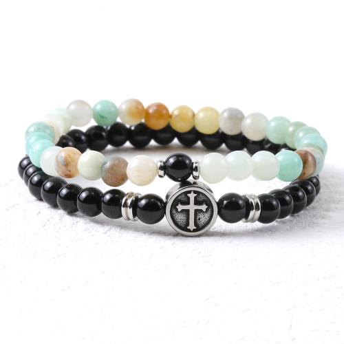 Gemstone Bracciali, pietra preziosa, with filo elastico & 304 acciaio inox, lucido, 2 pezzi & gioielli di moda & per l'uomo, multi-colore, Lunghezza Appross. 19 cm, Venduto da set