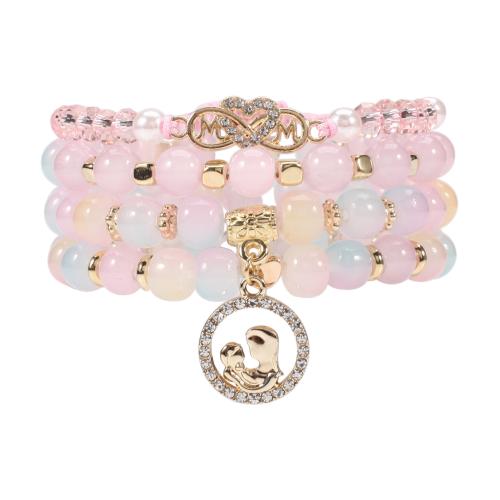 Zinc Alloy Bracelet with Wax Cord & Glass & Plastic Pearl 4 pieces & for woman & with rhinestone pink Sold By Set