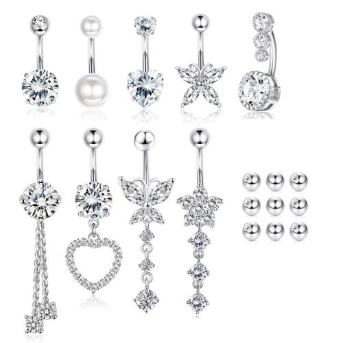 Stainless Steel Belly Ring 304 Stainless Steel with Plastic Pearl plated 18 pieces & Unisex & micro pave cubic zirconia Sold By Set