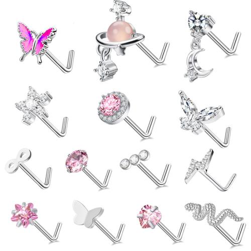 Joyería de Piercing de la nariz del acero inoxidable, acero inoxidable 304, con Piedras preciosas, chapado, unisexo & diferentes estilos para la opción & micro arcilla de zirconia cúbica & esmalte, más colores para la opción, The rod is 0.8mm thick and 7mm long, Vendido por UD