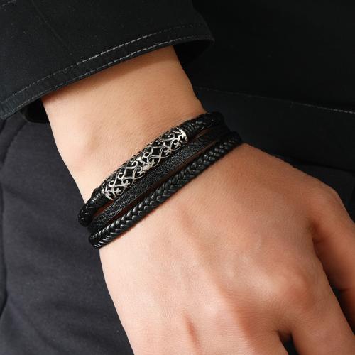 PU Leather Cord Bracelets Zinc Alloy with Magnet & PU Leather silver color plated three layers & for man nickel lead & cadmium free Sold By PC