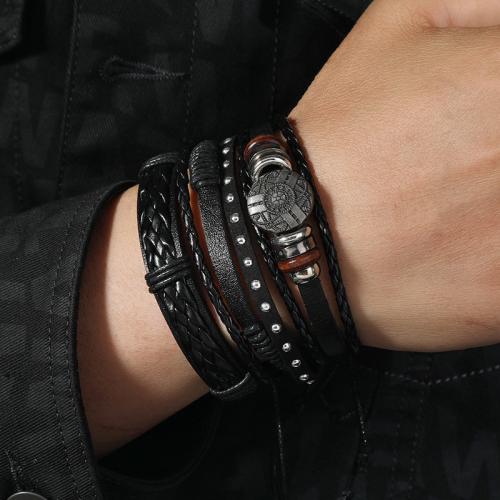 PU leder koord armbanden, Zinc Alloy, met PU & Wax & Hout, plated, multilayer & voor de mens, Verkocht door Stel