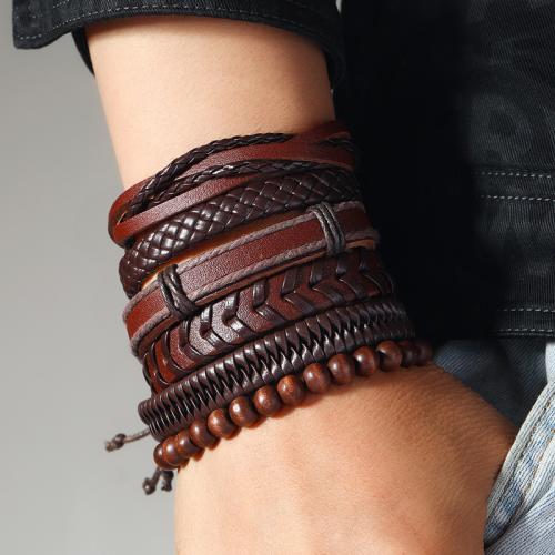 PU Leather Cord Bracelets with Linen & Wood Adjustable & multilayer & DIY & Unisex brown Sold By Set