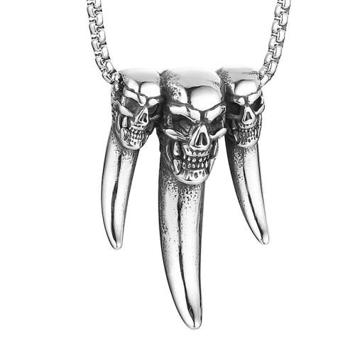 Titanium Steel Necklace with zinc alloy pendant Skull vintage & for man silver color Length Approx 27.6 Inch Sold By PC