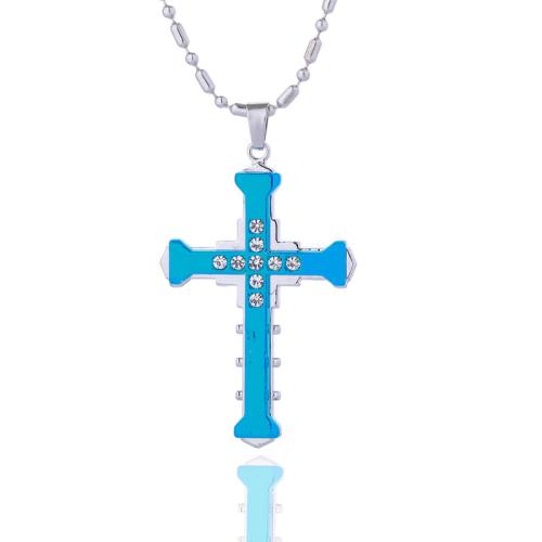 Titanium Steel Necklace with zinc alloy pendant Cross plated for man & with rhinestone Length Approx 23.6 Inch Sold By PC