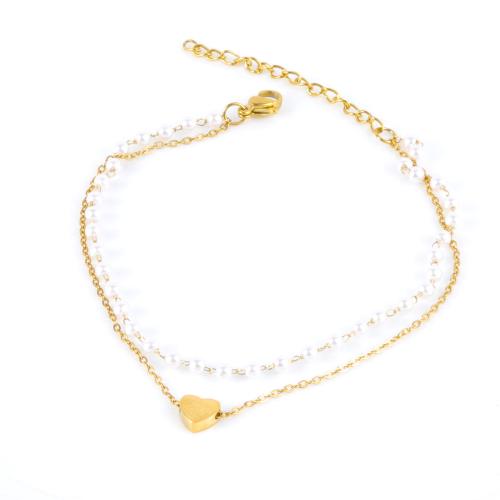 Roestvrijstalen Anklet, 304 roestvrij staal, met Plastic Pearl, met 5cm extender keten, Hart, Dubbele laag & mode sieraden & voor vrouw, gouden, Lengte Ca 21 cm, Verkocht door PC