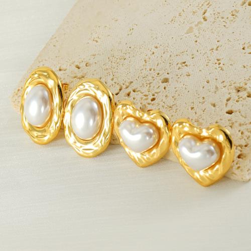 Roestvrij staal Stud Earrings, 304 roestvrij staal, met Plastic Pearl, 18K verguld, mode sieraden & verschillende stijlen voor de keuze & voor vrouw, gouden, Verkocht door pair