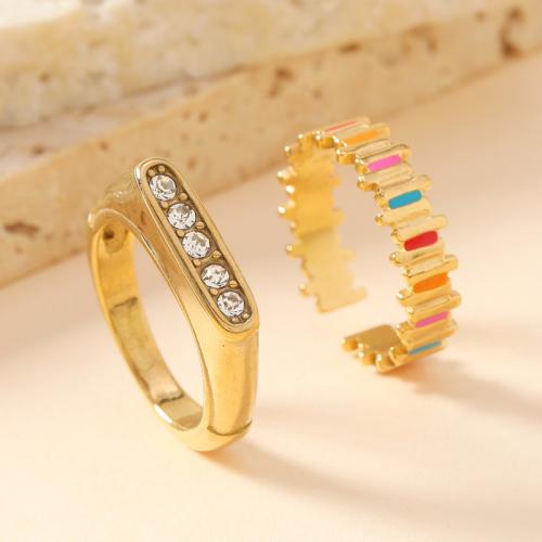 Rhinestone Stainless Steel Finger Ring 304 Stainless Steel & for woman & enamel & with rhinestone golden inside diameter 17mm Sold By PC