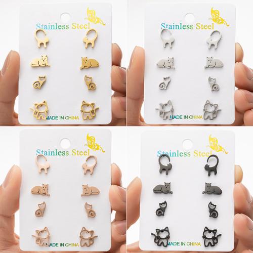 Roestvrij staal Stud Earrings, 304 roestvrij staal, Kat, mode sieraden & voor vrouw, meer kleuren voor de keuze, 4paren/Stel, Verkocht door Stel