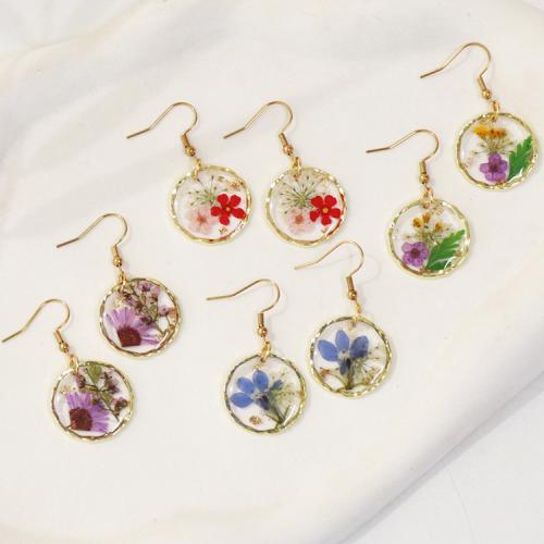 Pressed Dried Flower Jewelry  Zinc Alloy with Dried Flower & Resin Round gold color plated & for woman nickel lead & cadmium free Sold By Pair