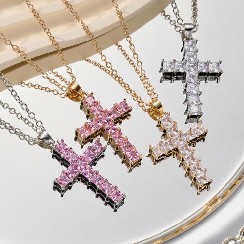 Brass Necklace with Crystal with 4.2cm extender chain Cross plated fashion jewelry nickel lead & cadmium free 35mm Length 46.5 cm Sold By PC