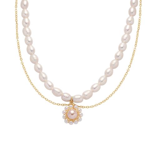 Freshwater Pearl Brass Chain Necklace, Pérolas de água doce, with cobre, with 6cm extender chain, joias de moda, dourado, comprimento 36 cm, vendido por PC