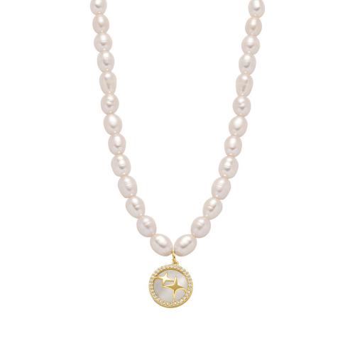 Freshwater Pearl Brass Chain Necklace, Pérolas de água doce, with Pedra olho de gato & cobre, with 7cm extender chain, joias de moda & Varios pares a sua escolha, branco, comprimento 34 cm, vendido por PC