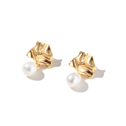 Brass Drop Earring with Freshwater Pearl gold color plated fashion jewelry golden nickel lead & cadmium free Sold By Pair