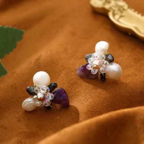 Brass Stud Earring with Freshwater Pearl & Amethyst plated fashion jewelry mixed colors nickel lead & cadmium free Sold By Pair